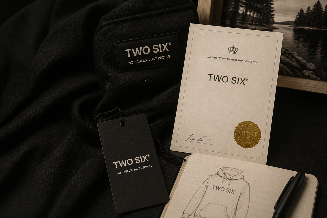 TWO SIX® registered trademark — hangtag, certificate and hoodie sketch. No Labels. Just People. Designed in Dalarna.