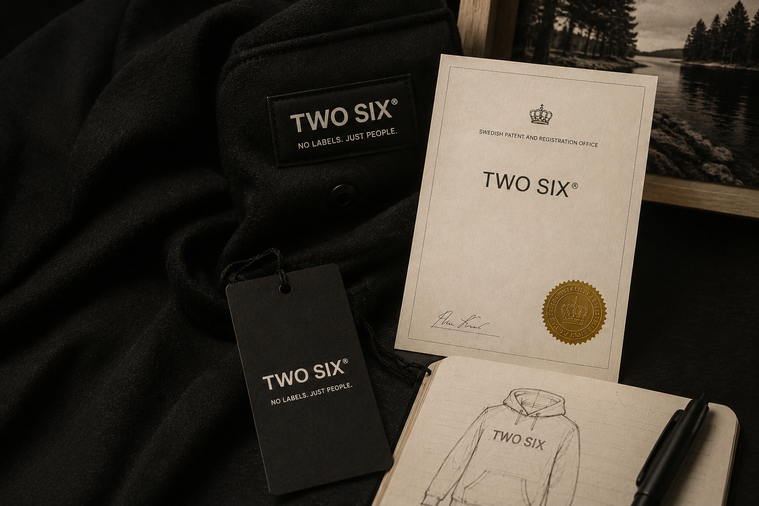 TWO SIX® registered trademark — hangtag, certificate and hoodie sketch. No Labels. Just People. Designed in Dalarna.